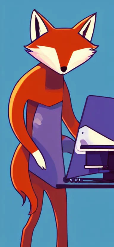 Image similar to a concept art of an anthropomorphic fox in a blue hoodie hacking a computer, artstation, digital art, oc commission, high detailed, stylised, league of legends, illustration