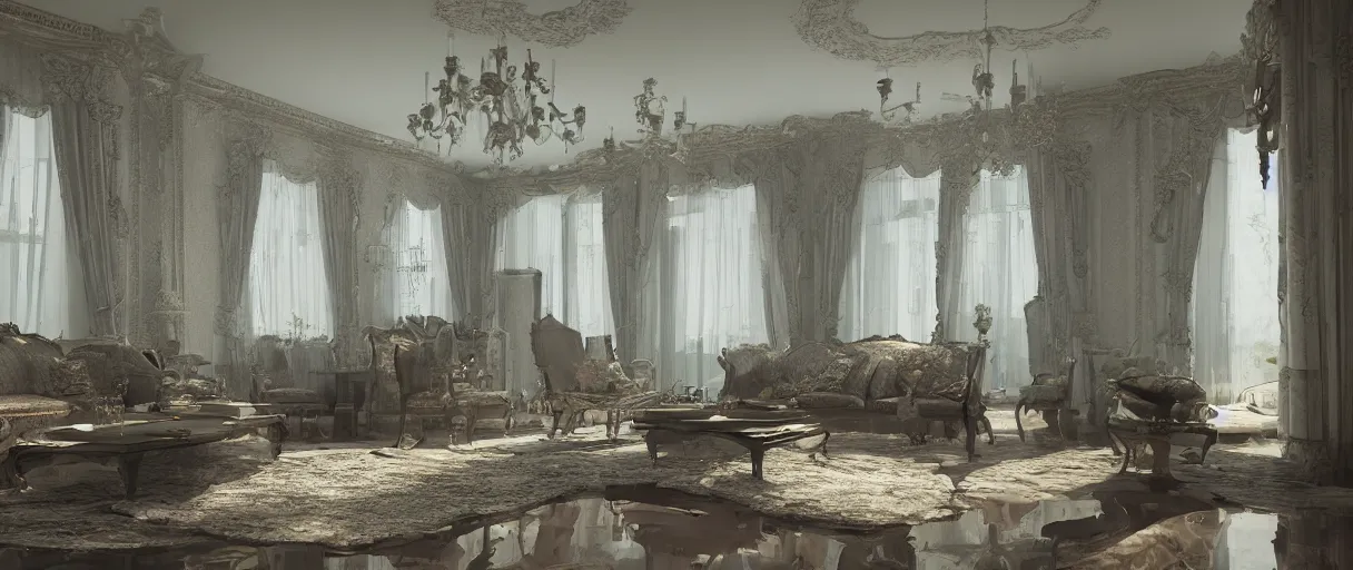 Prompt: decorative empty victorian livingroom flooded with water, octane render, 8k, artstation, concept art, smooth, sharp focus