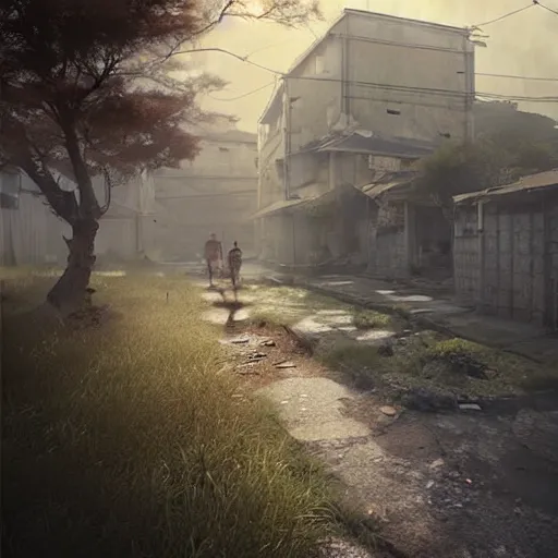 Image similar to walking around dilapidated ikeshima island, nagasaki, japan. volumetric lighting, dew, spring morning, slight overcast weather, realistic illustration, perfectly shaded, soft painting, art by krenz cushart and wenjun lin