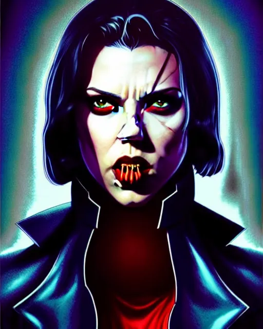 Image similar to rafael albuquerque comic art, peter mohrbacher, steve niles, artgerm, pretty scarlett johansson vampire sharp vampire teeth open mouth, symmetrical eyes, black leather jacket, jeans, long blonde hair, full body