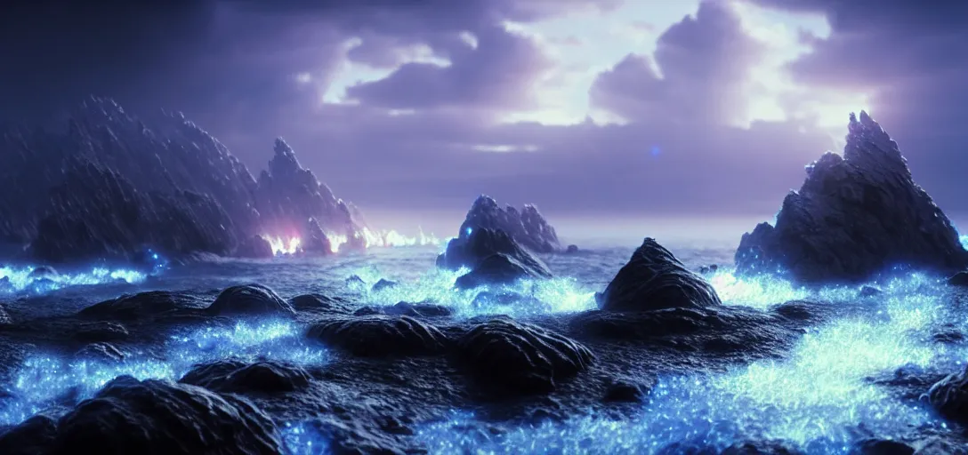 Image similar to octane render uhd, 8 k art photography, filmic lighting, cinematic art shot, hyperrealistic, hyperdetailed, super detailed, 8 k, high resolution, mysterious strangle glowing crystalline structure made of white rocks in the far distance, 8 k uhd matte painting by ross tran and ivan aivazovsky, black water, midnight