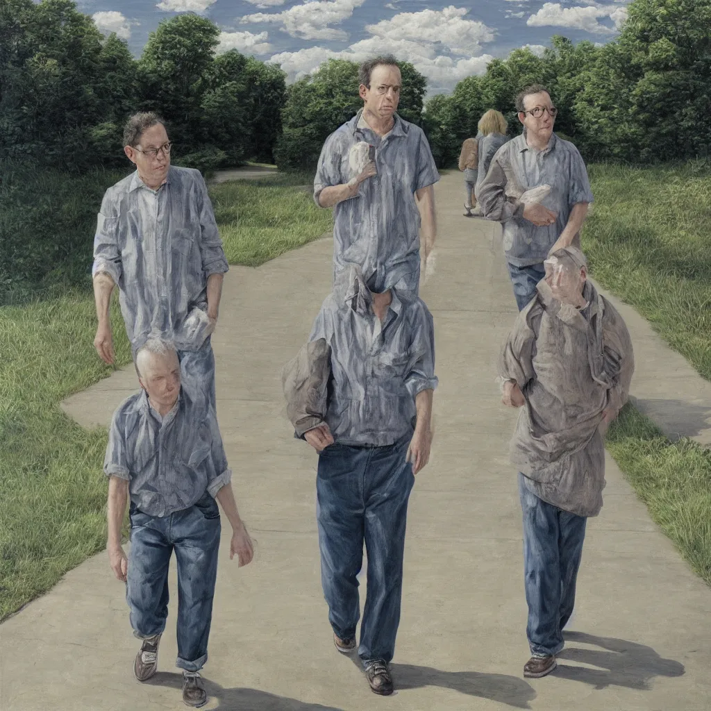 Image similar to high quality high detail painting of todd solondz walking with a friend by lucian freud and gregory crewdson, hd, photorealistic lighting