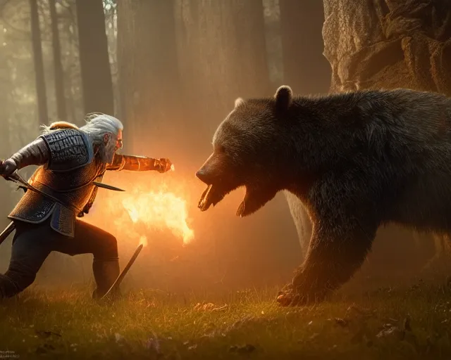 Image similar to 5 5 mm portrait photo of geralt fighting a demonic bear. magical atmosphere. art by greg rutkowski. highly detailed 8 k. intricate. lifelike. soft light. nikon d 8 5 0.