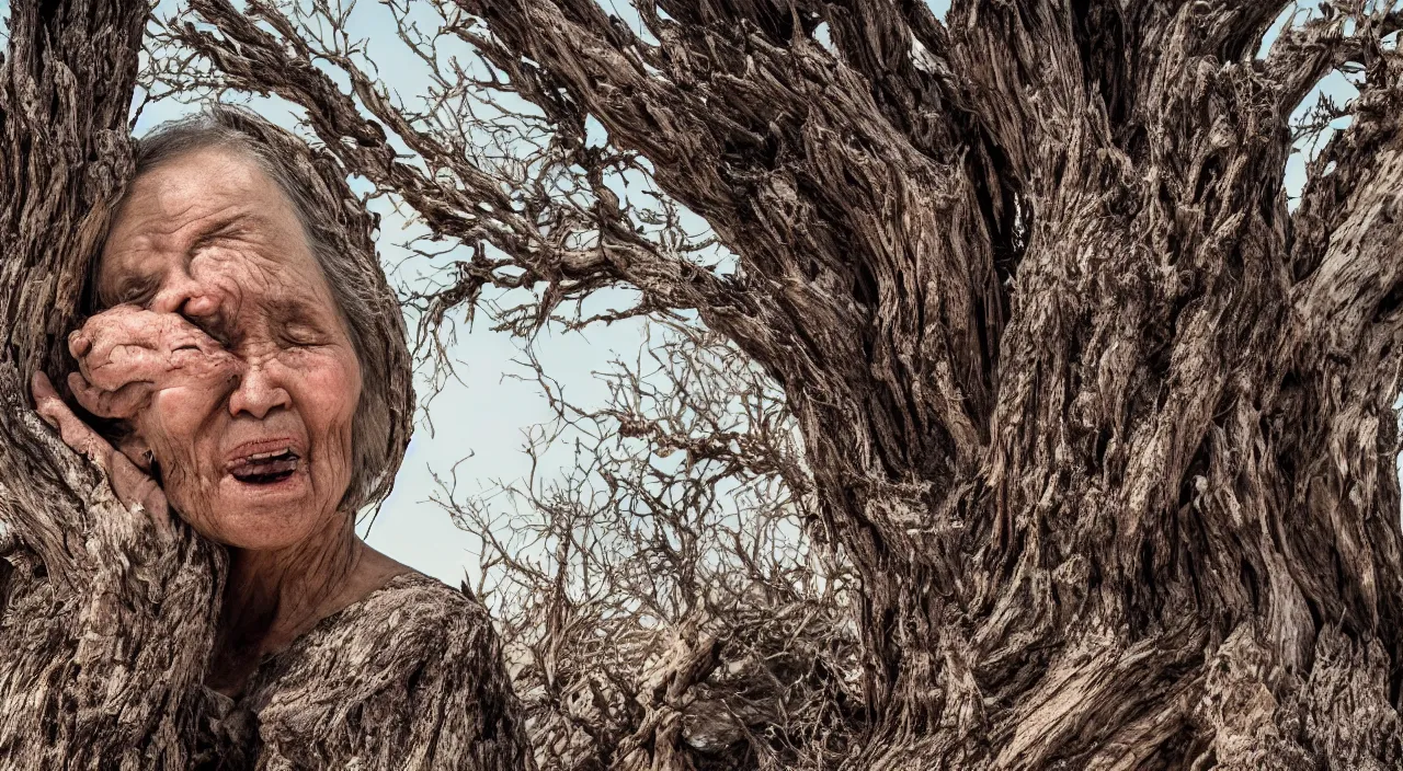 Prompt: close-up of a 65-year-old Gaia, crying calmly, facing the camera and standing in front of a dried up river in a desolate land, dead trees, blue sky, hot and sunny, highly-detailed, elegant, dramatic lighting, artstation, 4k, cinematic landscape, photograph by Elisabeth Gadd