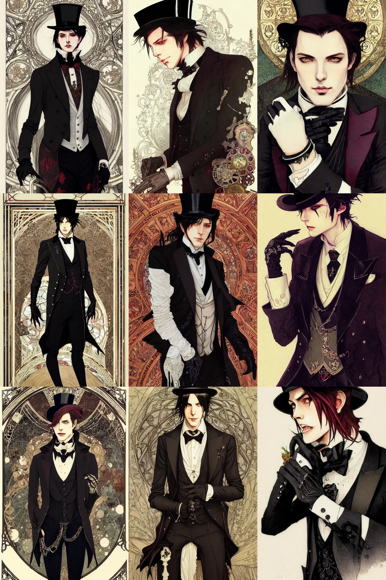 Prompt: highly detailed portrait of sebastian michaelis, suit vest and top hat and gloves, by sakimichan, conrad roset, mucha, greg rutkowski, loish, rossdraws, detailed and intricate gothic victorian environment