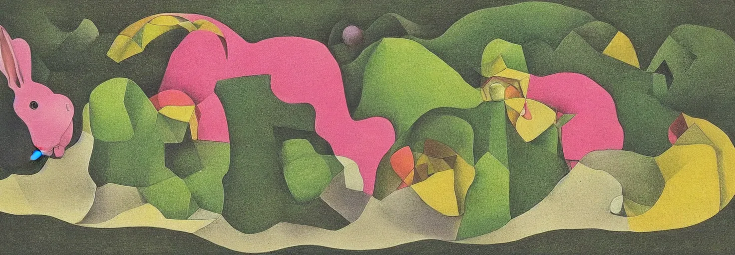 Image similar to a garden filled rabbit shape pink rock, by m. c. escher, yellow, green, red, snowy, ultra sharp, ultra detailed, happy, uplifting, colorized by salvador dali