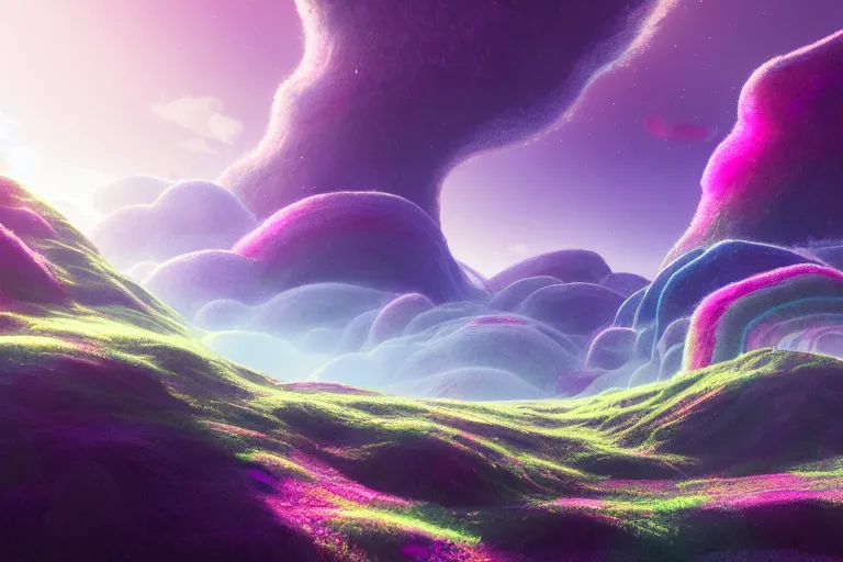 Prompt: a psychedelic realm with roll plains made out of clouds, mountains made out of ice, and plant life made out of cotton candy in an alternate dimension, in the style of wlop, illustration, epic, fantasy, hyper detailed, smooth, unreal engine, sharp focus, ray tracing