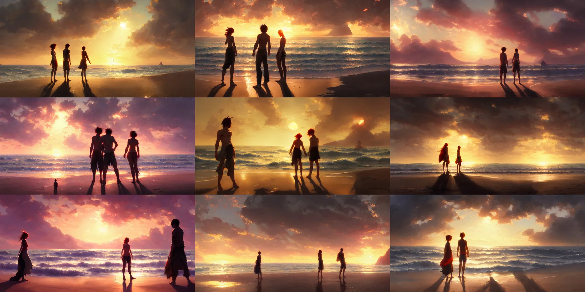 Prompt: two people stand on a beach romantically watching the sunset, center framing, highly detailed, heavy large lens flare, fantasy, digital painting, concept art, matte, art by ruan jia and wlop and greg rutkowski and makoto shinkai, masterpiece