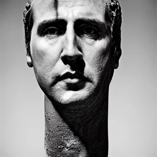 Image similar to Award-winning photograph by Chema Madoz. The photo depicts a decaying roman bust of Nicolas Cage at the bottom of the sea. Minimalism, high definition, perfect composition. Deep sea picture. Very dark. Volumetric Lighting. Fish. Darkness. Ruins