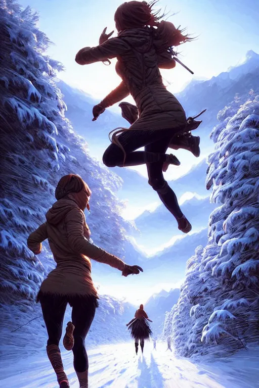 Image similar to a two hunter and huntress running away from a one beautiful giantess on the winter valley, toward to the camera, scared face, dramatic pose, intricate, highly detailed, detailed face, smooth, sharp focus, environmental light, rim light, artgerm, greg rutkowski, ilya kuvshinov, rossdraws, aesthetic fantasy illustration