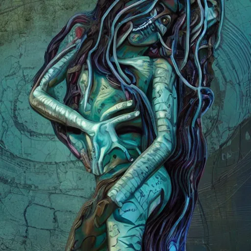 Prompt: A beautiful art installation of a human figure. The figure is shown in a contorted state, with their limbs and torso twisted in a seemingly impossible way. The figure is also shown with a number of facial piercings, and their eyes are rolled back in their head, giving them a wild and maniacal appearance. blue-green, jet black by Stephan Martinière, by Jan van Eyck tender