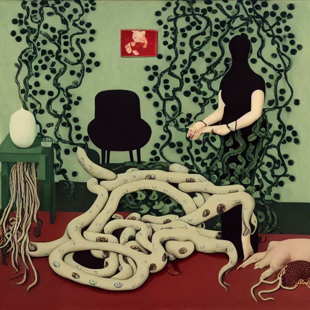 Image similar to a female pathology student in her apartment, wrapped in vines, medical equipment, stepping stones, octopus, pig, parrot, black walls, ikebana, black armchair, sculpture, acrylic on canvas, surrealist, by magritte and monet