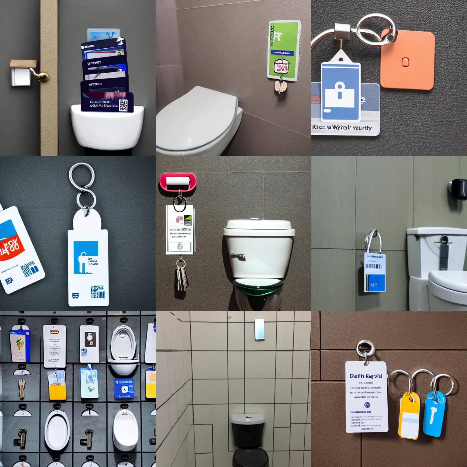 Prompt: toilet full of wallet id card and keys