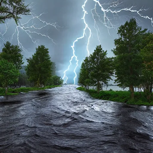 Image similar to a hyper realistic image of a river going between the trees and it is raining heavily and in the cloud you can see lightning 3 d