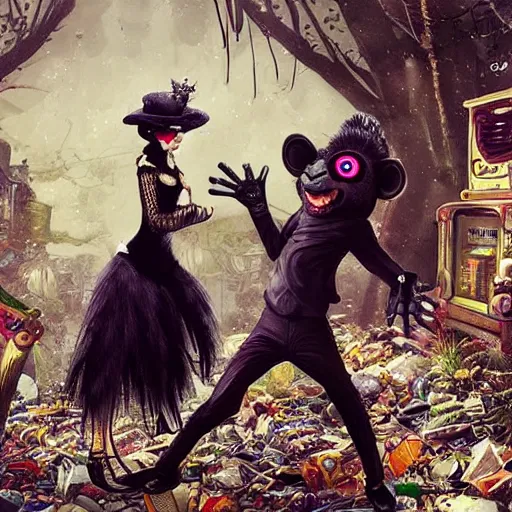 Image similar to Monkey in a Victorian era cyber punk dress dancing in a landfill with a vampire racoon and a goth fairy frog, hyper realistic, cgsociety,