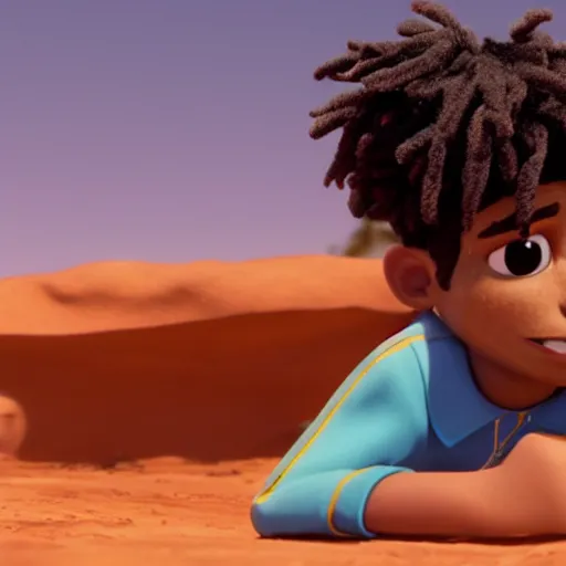 Image similar to a cinematic film still from a 2022 Pixar movie starring Playboi Carti, in the style of Pixar, shallow depth of focus