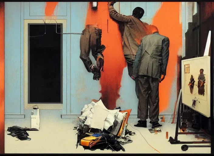 Prompt: a still from the tv series the wire by francis bacon and norman rockwell and james jean and mark brooks, triadic color scheme, by greg rutkowski, syd mead and edward hopper and norman rockwell and beksinski, dark surrealism, orange and turquoise