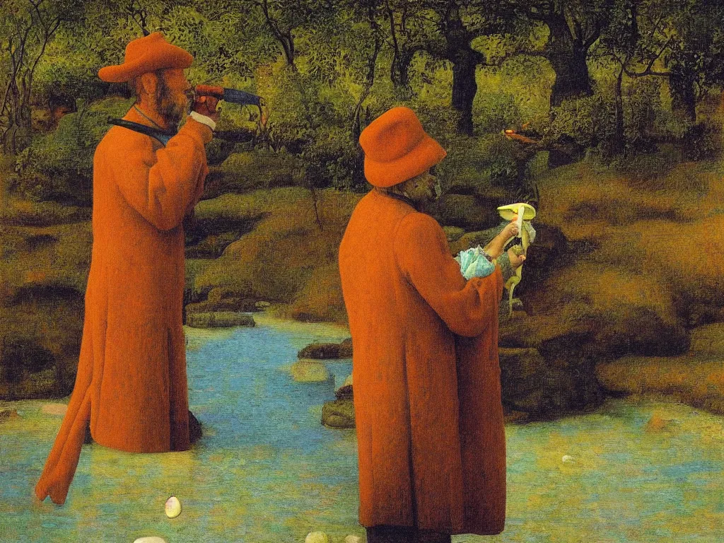 Image similar to Portrait of a painter washing his brush in a river. Humanoid rocks, coral-like pebbles, autumn light. Painting by Jan van Eyck, Rene Magritte, Jean Delville, Max Ernst