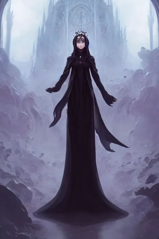 Image similar to a beautiful eldritch priestess girl standing on an altar wearing thick black robes | | cute - fine - face, pretty face, fine details by stanley artgerm lau, wlop, rossdraws, james jean, andrei riabovitchev, marc simonetti, and sakimichan, trending on artstation