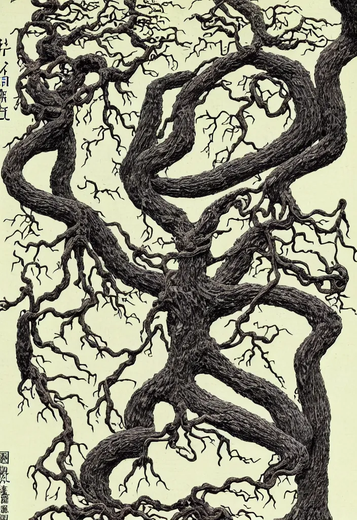 Image similar to prompt: anatomy dissection drawing veins and organs tree character drawn by Takato Yamamoto, bonsai anatomy atlas, veins and organs attached to tree roots, alchemical objects inspired by 1980's sci-ci, old experimentation cabinet, intricate oil painting detail, manga 1980