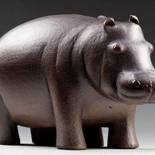 Image similar to small hippo statue, wood blocks bottom hippo body, blue chrome top hippo body, by a genius craftsman, highly detailed, wood block bottom hippo body wood