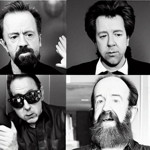 Image similar to alan watts, george carlin, bill hicks, and bill burr in the same room