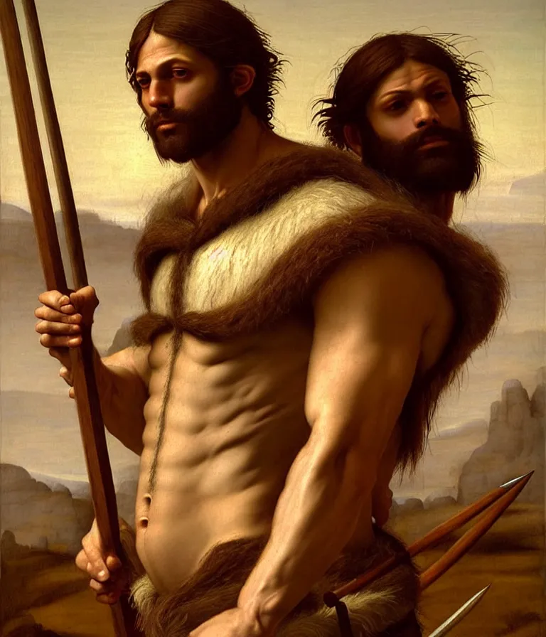 Image similar to renaissance painting full body portrait of a gruff ranger with a spear, lean and toned, handsome face, hairy chest and hairy body, D&D, intricate, elegant, highly detailed, digital painting, artstation, concept art, matte, sharp focus, chiaroscuro, well list, illustration, art by da Vinci, Artgerm and Greg Rutkowski and Alphonse Mucha