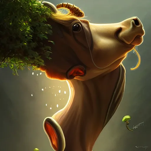 Prompt: long shot photo of a cow with mushrooms sprouting from it's back and top, highly detailed, digital painting, artstation, smooth, sharp focus, illustration, art by artgerm and greg rutkowski and alphonse mucha