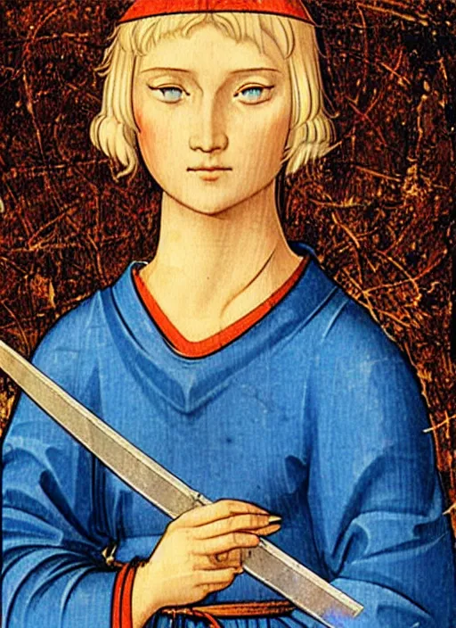 Image similar to young woman in medieval clothing, blue eyes and blond hair, a ribbon in her hair, armed with a sword. art by giotto,