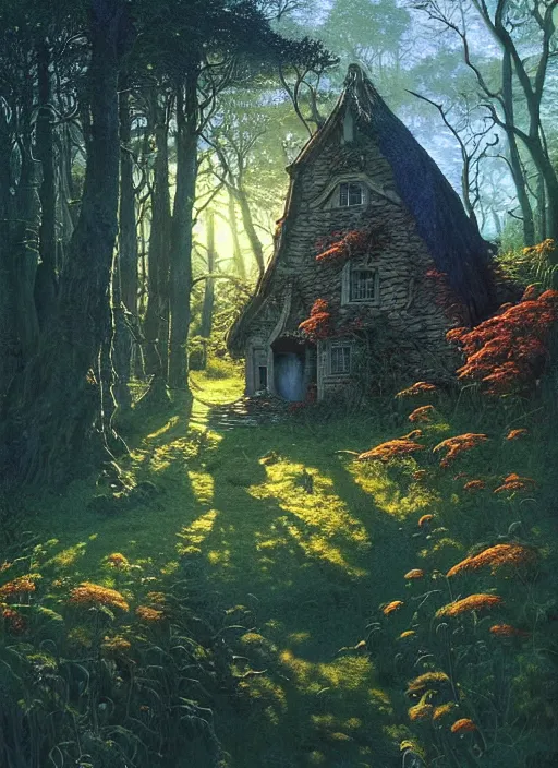 Image similar to hyper realistic witch cottage with happy lighting and technology in the woods gorgeous lighting, sunbeams blue sky, highly detailed photoreal, lush forest foliage painting by zdzisław beksinski and norman rockwell and greg rutkowski weta studio, and lucasfilm