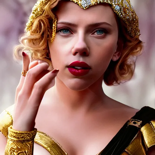 Prompt: scarlett johansson dressed as a greek goddess in front of a ring of sapphire rose ring, ornate gold border, vignette, warm tri - color, subtle chromatic aberration, painted by francis goya