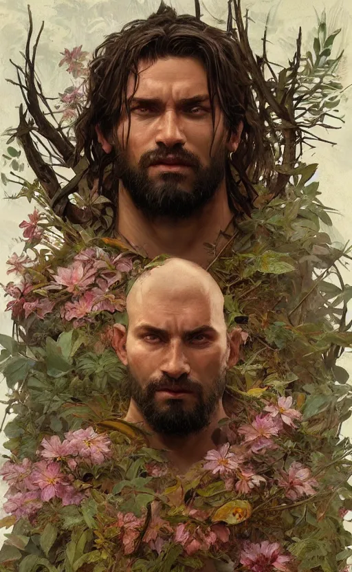 Image similar to god of the forest, 3 0 years old, rugged, male, gorgeous, detailed face, amazing, full body, flowers, muscular, intricate, highly detailed, digital painting, artstation, concept art, sharp focus, illustration, art by greg rutkowski and alphonse mucha