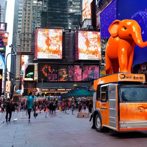 Image similar to an orange elephant on a skateboard in times square at night