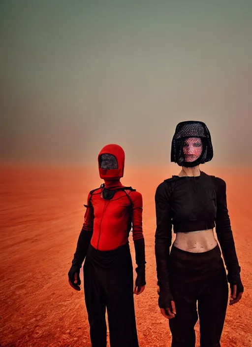 Image similar to cinestill 5 0 d candid photographic portrait by steve mccurry of loving female androids wearing rugged black mesh techwear on a desolate plain with a red sky, extreme closeup, modern cyberpunk, dust storm, 8 k, hd, high resolution, 3 5 mm, f / 3 2, ultra realistic faces, ex machina