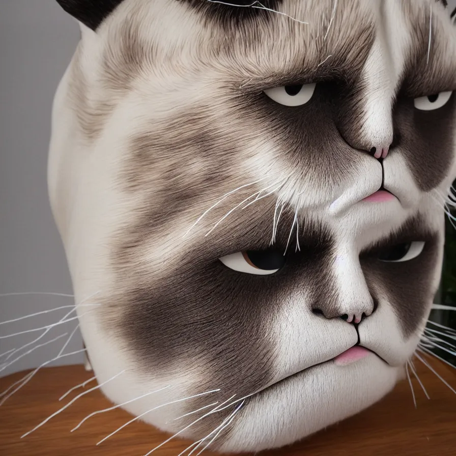 Prompt: beautiful gallery show studio photograph of a giant realistic curvy ceramic sculpture of grumpy cat!!!!!, glazed by bridget riley and victor vasarely, placed on a polished wooden table, colorful hyperrealism 8 k trending on artstation