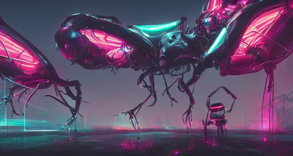 Prompt: giant insect under neon lights, hyperdetailed, artstation, cgsociety, 8k