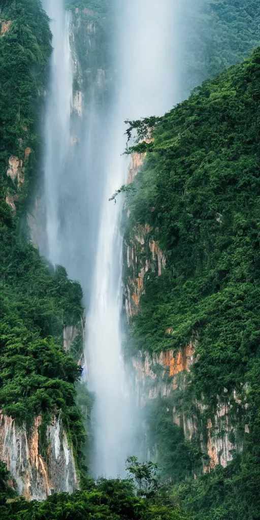 Prompt: A cloudy peak in southern China with one waterfall,one small rainbow in the middle of the waterfall. the style of National Geographic magazine