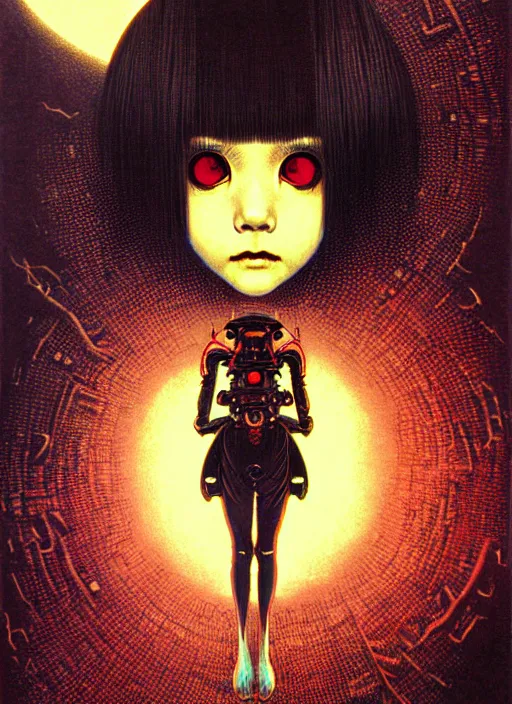 Image similar to japanese sci fi horror girl with big eyes, character portrait, portrait, close up, concept art, intricate details, highly detailed, vintage sci - fi poster, in the style of chris foss, rodger dean, moebius, michael whelan, and gustave dore