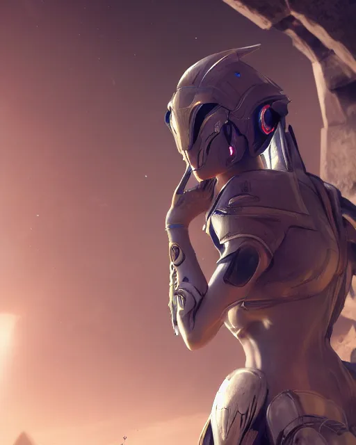Prompt: android girl in egyptian ruins, warframe armor, exploration, white hair, atmosphere, glow, detailed, intricate, beautiful face, cinematic lighting, trending on artstation, blue eyes, 4 k, focused, extreme details, cinematic, masterpiece, by akihito tsukushi