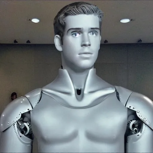 Image similar to “a realistic detailed photo of a guy who is an attractive humanoid who is half robot and half humanoid, who is a male android, actor Liam Hemsworth, shiny skin, posing like a statue, blank stare, at the museum, on display”