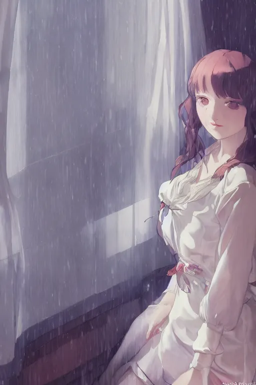 Prompt: a girl in a maid's outfit in the bedroom a night, raining outside the window, wavy white long hair, by krenz cushart and mucha and akihito yoshida and greg rutkowski and makoto shinkai and rella, detailed eyes, 4 k resolution