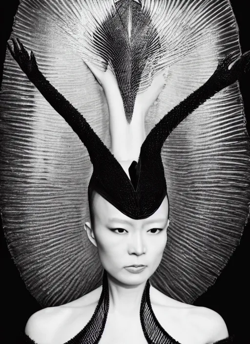 Image similar to a portrait of tessa kuragi by serge lutens, wearing iris van herpen outfit, photorealistic, intricate details, hyper realistic, photorealistic, canon r 3, photography, symmetrical features, symmetrical pose, wide angle shot, head to toe, standing pose, feet on the ground,