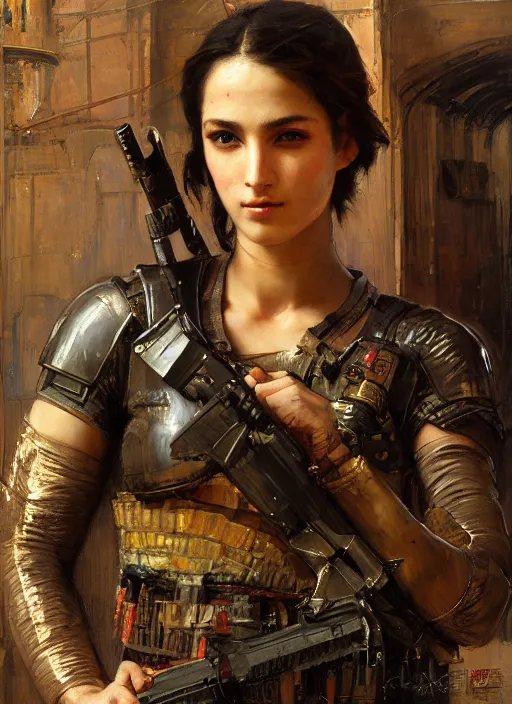 Image similar to beautiful cyberpunk mercenary in tactical gear. Iranian orientalist portrait by john william waterhouse and Edwin Longsden Long and Theodore Ralli and Nasreddine Dinet, oil on canvas. Cinematic, hyper realism, dramatic lighting, high detail 4k