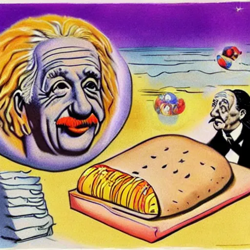 Prompt: Albert Einstein in a Bikini eating a Big Mac on the moon, high details, dali, comic, illustration