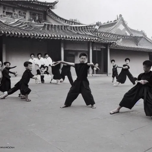 Prompt: kids practicing Kung Fu in old china