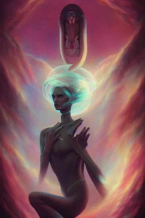 Prompt: a dramatic lighting photo of an elegant alien queen, vaporwave colors, artgerm, tom bagshaw, gerald brom,