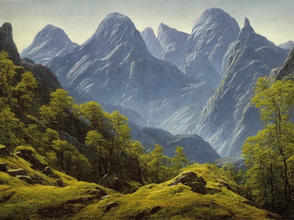 Image similar to a painting of a majestic mountainous landscape in norway in spring by caspar david friedrich, high detail,
