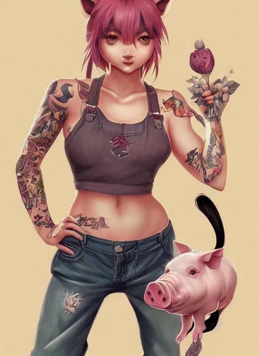 Prompt: character portrait of a female anthro pig with a pigtail and a cute beautiful attractive detailed female pig face wearing a tanktop and slacks standing outside a city tattoo parlor with arm tattoos. Character design by charlie bowater, ross tran, artgerm, and makoto shinkai, detailed, inked, western comic book art