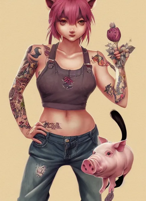 Image similar to character portrait of a female anthro pig with a pigtail and a cute beautiful attractive detailed female pig face wearing a tanktop and slacks standing outside a city tattoo parlor with arm tattoos. Character design by charlie bowater, ross tran, artgerm, and makoto shinkai, detailed, inked, western comic book art