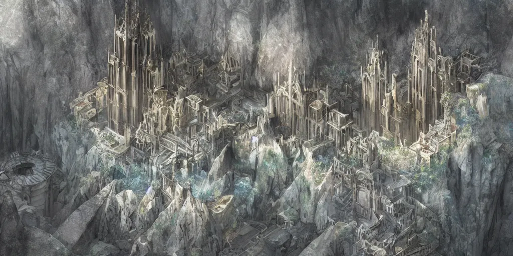 Prompt: A digital intricate illustration concept art of a massive Moria city inside a granite mountain, stunning massive ornately Khazad-dûm inspired art by Alan Lee and Renato muccillo and Andreas Rocha and Johanna Rupprecht + symmetry + natural volumetric lighting, realistic 4k octane beautifully detailed render, 4k post-processing, highly detailed, intricate complexity, epic composition, magical atmosphere, cinematic lighting + masterpiece, trending on artstation